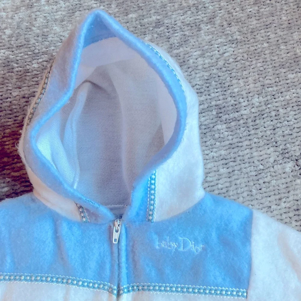 Vintage Baby Dior Infant Hooded Bunting Suit White Blue Fleece‎ OS Rare